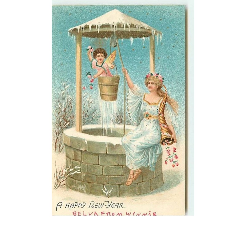 n°7690 - Carte Fantaisie - A Happy New Year - Angelot dans le seau d'un Puits