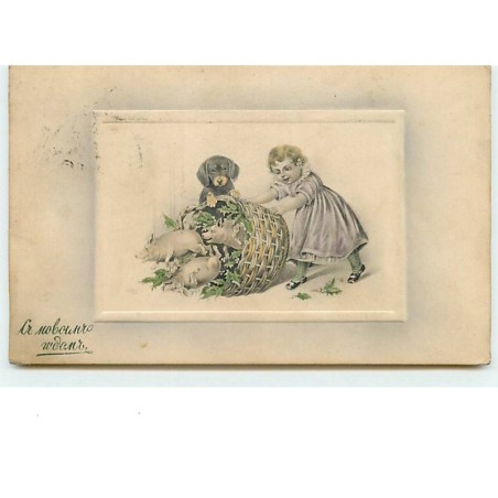 n°7696 - Carte Fantaisie - VK Vienne - Enfant - Teckel - Cochons