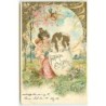 n°12380 - Carte Gaufrée - Fröhliche Ostern - Jeune femme avec un ange ouvrant un oeuf rempli de lièvre