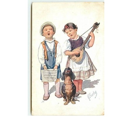 n°7697 - Carte Fantaisie - Feiertag - Enfants et Teckel