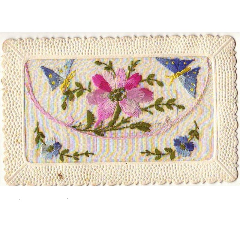 n°7707 - Carte Brodée avec rabat - Fleurs et Papillons
