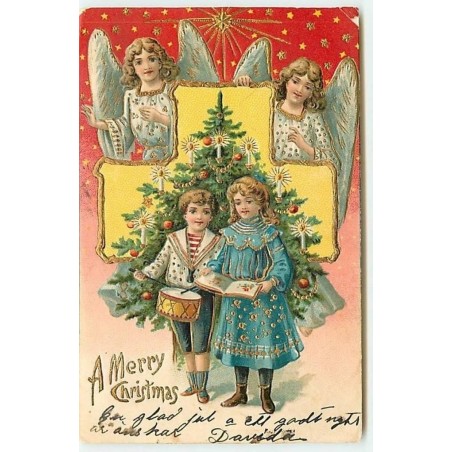n°12382 - Carte Gaufrée - A  Merry Christmas - Anges veillant sur deux enfants devant un sapin