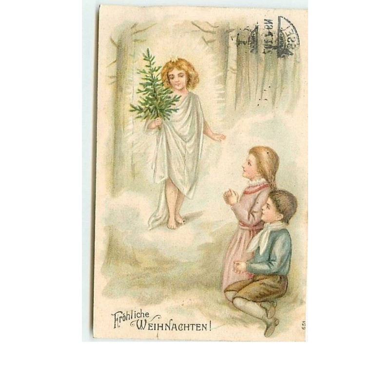 n°7733 - Carte Gaufrée - Fröhliche Weihnachten - Ange apportant un sapin à des enfants