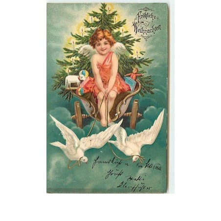 n°7734 - Carte Gaufrée - Fröhliche Weihnachten - Ange apportant des jouets et un sapin