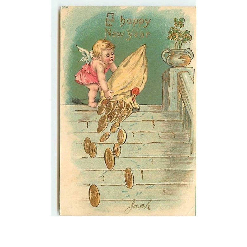 n°1022 - Carte Gaufrée - A Happy New Year - Angelot et sac de pièces d'or