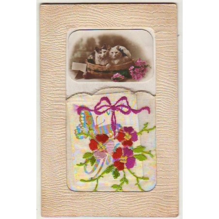 n°7756 - Carte Brodée - Fleurs - Photo de chats