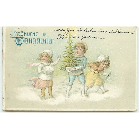 n°7780 - Carte Fantaisie Gaufrée - Fröhliche Weihnachten - Enfants avec un sapin