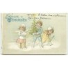 n°7780 - Carte Fantaisie Gaufrée - Fröhliche Weihnachten - Enfants avec un sapin