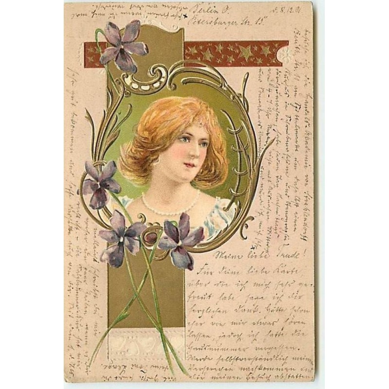 n°7799 - Carte Fantaisie Gaufrée - Art Nouveau - Femme dans un Médaillon