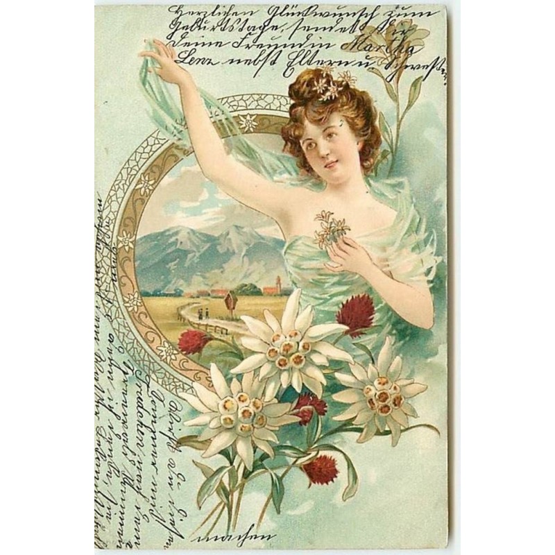 n°7800 - Carte Fantaisie Gaufrée - Art Nouveau - Femme et Edelweiss