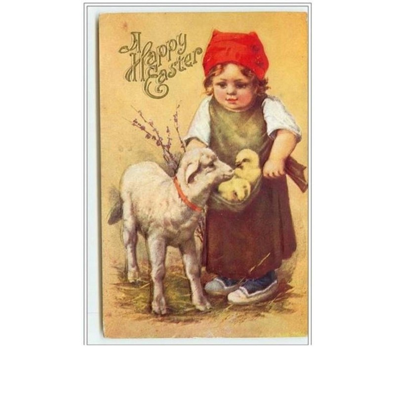 n°781 - Carte Gaufrée - A Happy Easter - Fillette et agneau