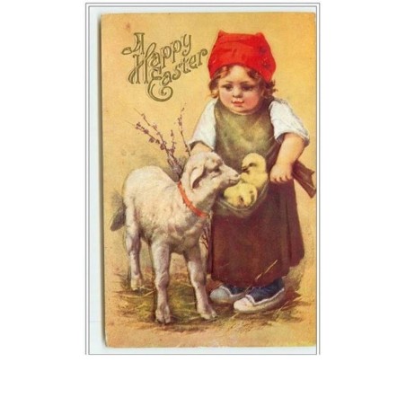 n°781 - Carte Gaufrée - A Happy Easter - Fillette et agneau