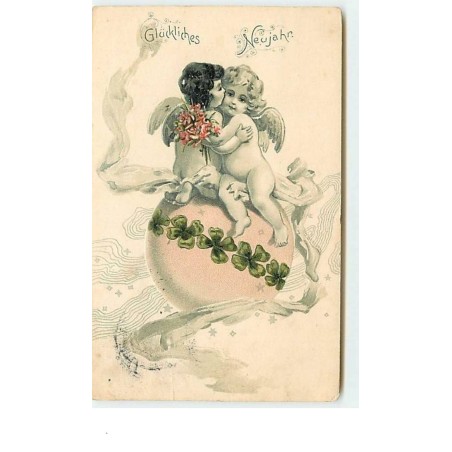 n°7827 - Carte Fantaisie Gaufrée - Glückliches Neujahr -Angelots sur une Boule