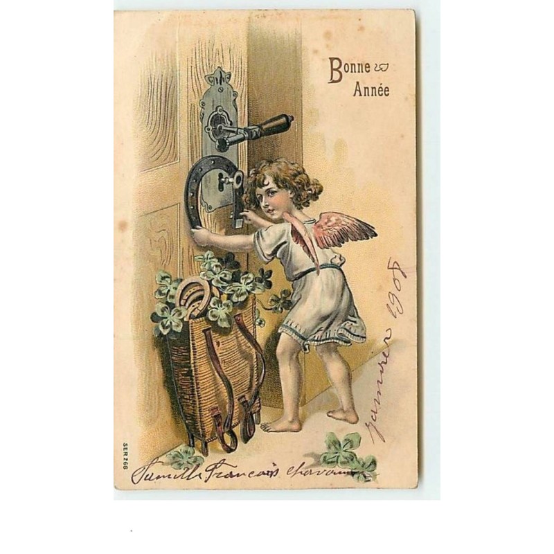 n°7830 - Carte Fantaisie Gaufrée - Bonne Année - Angelot accrochant un fer à cheval à une porte