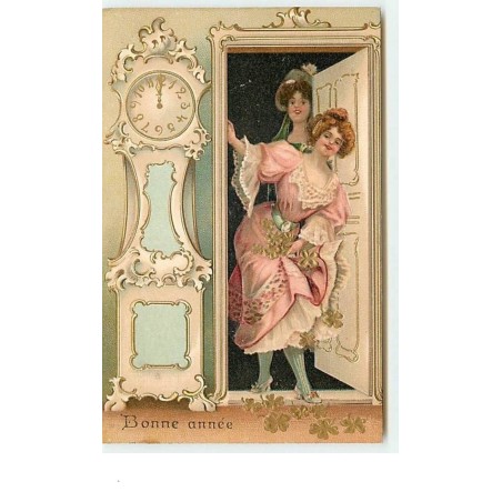 n°7831 - Carte Fantaisie Gaufrée - Bonne Année - Femme avec des trèfles à 4 feuilles dorés