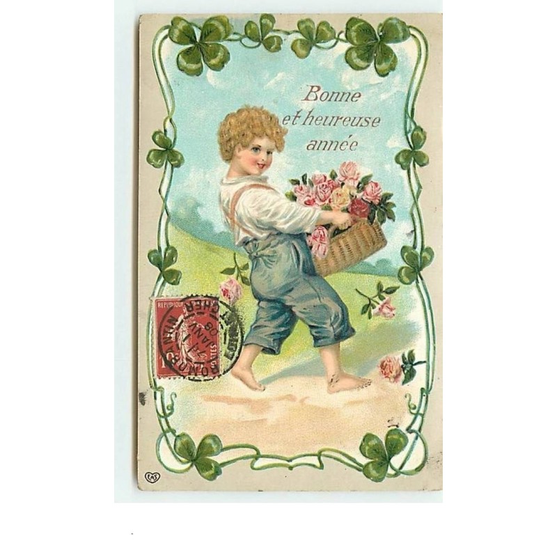 n°7833 - Carte Fantaisie Gaufrée - Bonne et Heureuse Année - Enfant avec une corbeille de roses