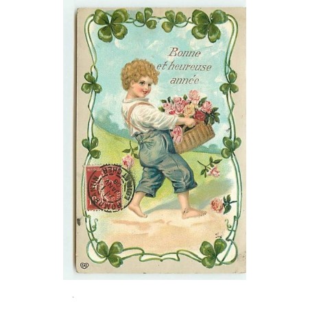 n°7833 - Carte Fantaisie Gaufrée - Bonne et Heureuse Année - Enfant avec une corbeille de roses