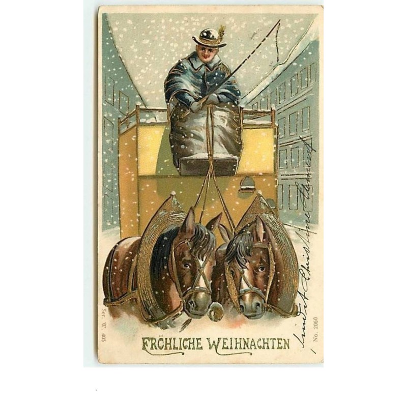 n°7846 - Carte Fantaisie Gaufrée - Fröhliche Weihnachten - Attelage de chevaux et son cocher