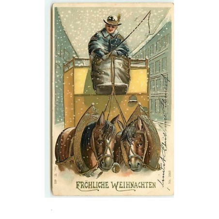 n°7846 - Carte Fantaisie Gaufrée - Fröhliche Weihnachten - Attelage de chevaux et son cocher