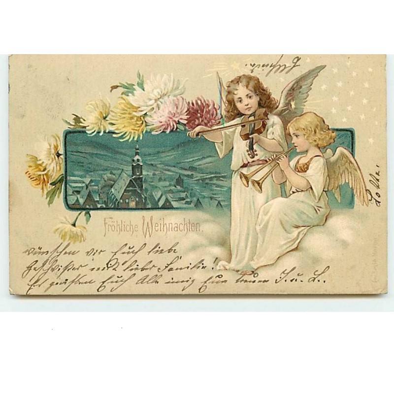 n°7847 - Carte Fantaisie Gaufrée - Fröhliche Weihnachten - Angelots jouant du violon et de la flûte