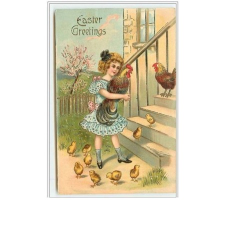 n°785 - Carte Gaufrée - Easter Greetings - Fillette et poussins