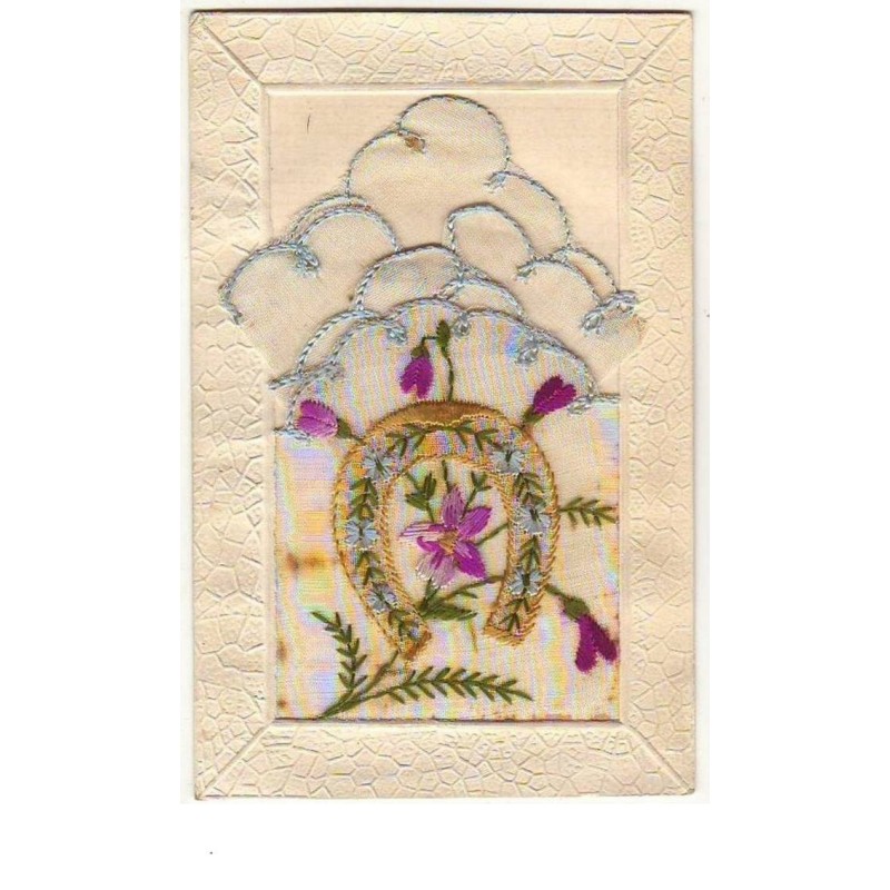 n°7859 - Carte Brodée avec pochette blanche liseret bleu - Fer à cheval