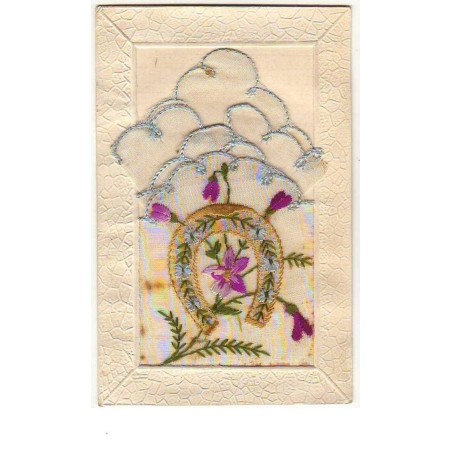n°7859 - Carte Brodée avec pochette blanche liseret bleu - Fer à cheval
