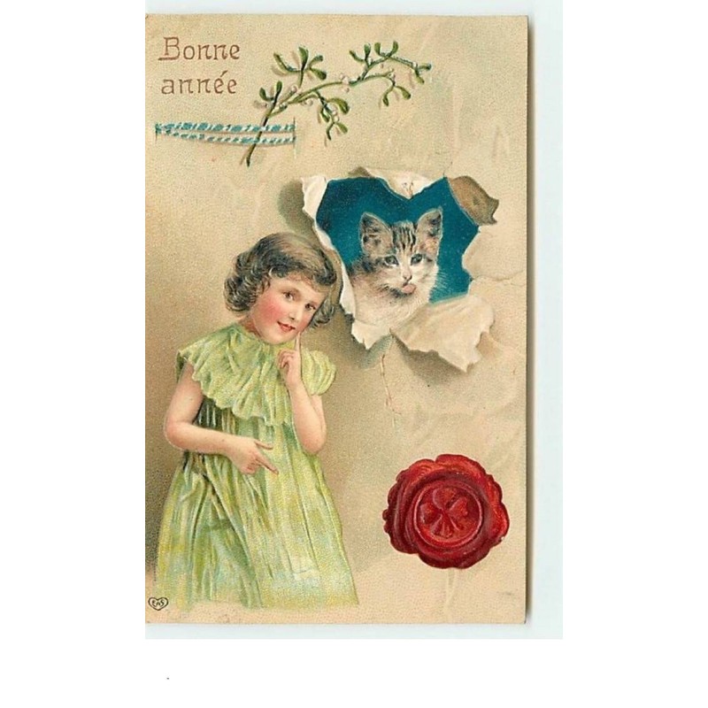 n°7876 - Carte Fantaisie Gaufrée - Bonne Année - Fillette et chat