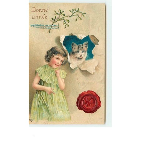 n°7876 - Carte Fantaisie Gaufrée - Bonne Année - Fillette et chat