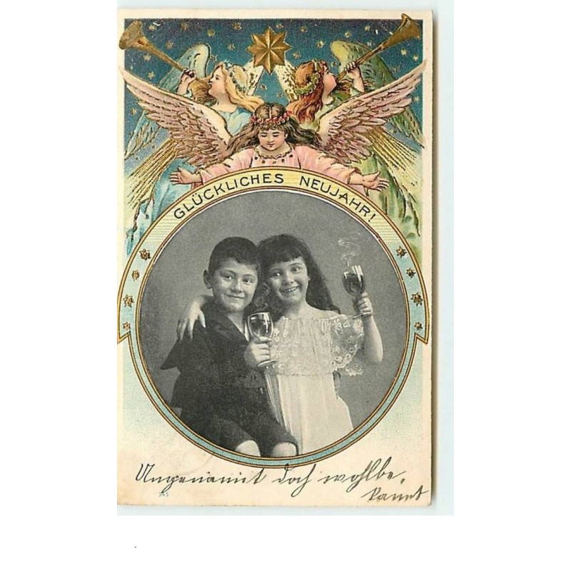 n°7877 - Carte Fantaisie Gaufrée - Gluckliches Neujahr - Ange et Enfants trinquant dans un médaillon