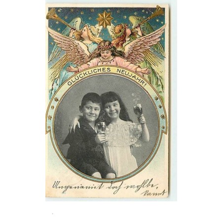 n°7877 - Carte Fantaisie Gaufrée - Gluckliches Neujahr - Ange et Enfants trinquant dans un médaillon