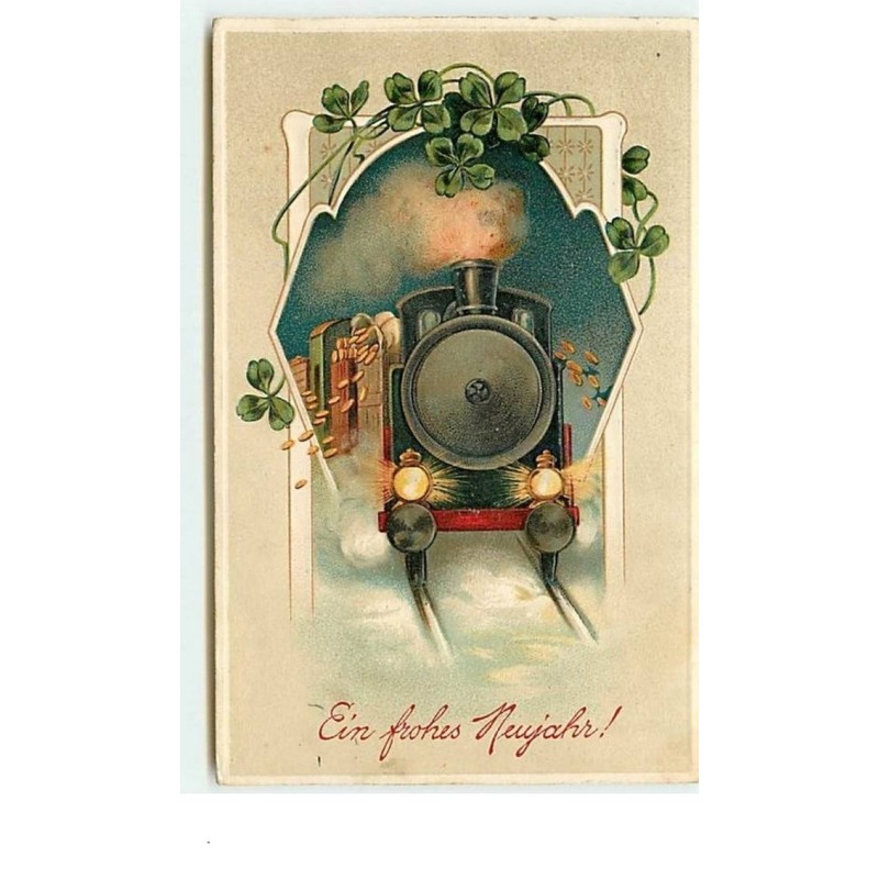n°7878 - Carte Fantaisie Gaufrée - Ein Frohes Neujahr - Train avec des Pièces d'Or