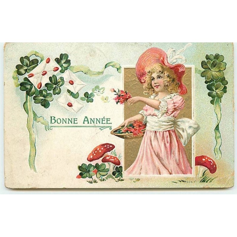 n°12387 - Carte Gaufrée - Bonne Année - Fillette tenant un panier rempli de fleurs - Champignon