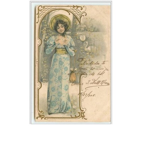 n°788 - Femme avec chapeau - Décor bords d'étang