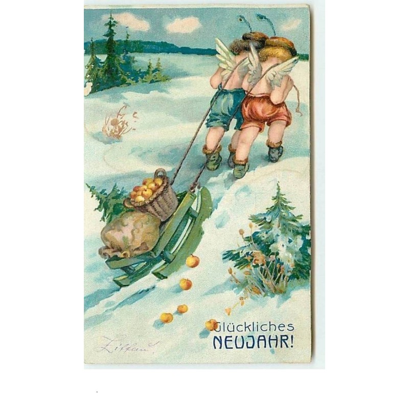 n°7881 - Carte Fantaisie - Gluckliches Neujahr - Angelots tirant une luge