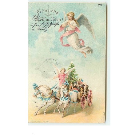 n°7889 - Carte Fantaisie - Frohliche Weihnachten - Ange Gardien et Attelagede chevaux avec des cadeaux