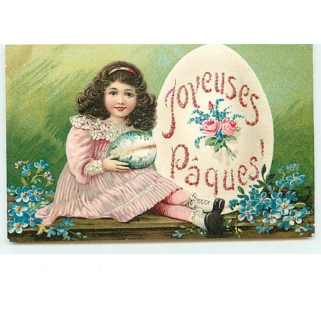 n°7897 - Carte Fantaisie Gaufrée - Joyeuses Paques - Fillette avec un oeuf