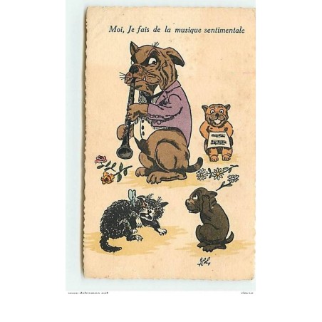 n°12390 - Moi, je fais de la musique sentimale - Chien habillé - Bouledogue