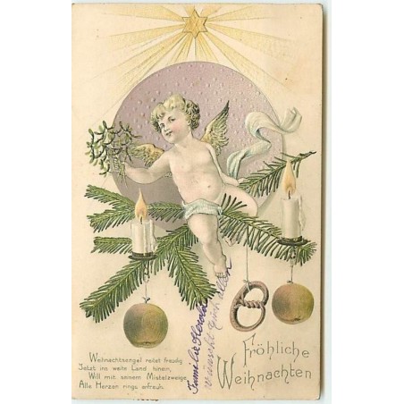 n°7939 - Carte Fantaisie Gaufrée - Frohliche Weihnachten - Angelot assis sur une branche de sapin