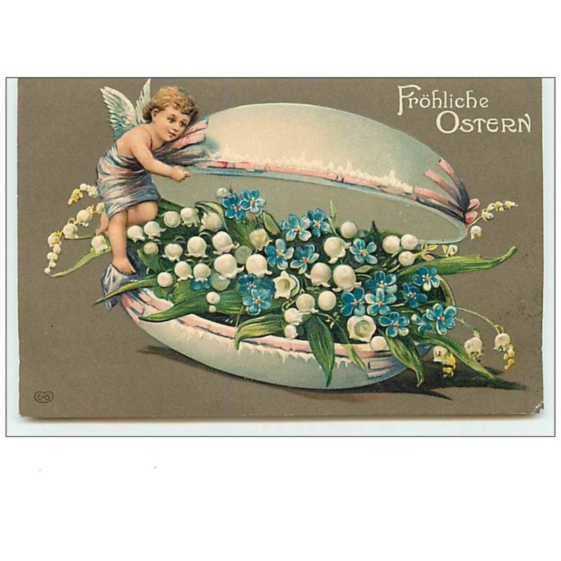 n°7986 - Carte Fantaisie Gaufrée - Frohliche Ostern - Angelot, muguet