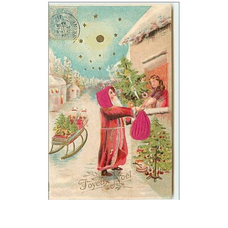 n°7988 - Carte Fantaisie Gaufrée - Joyeux Noel - Père Noêl (capuche et sac en tissu)