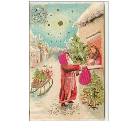n°7988 - Carte Fantaisie Gaufrée - Joyeux Noel - Père Noêl (capuche et sac en tissu)