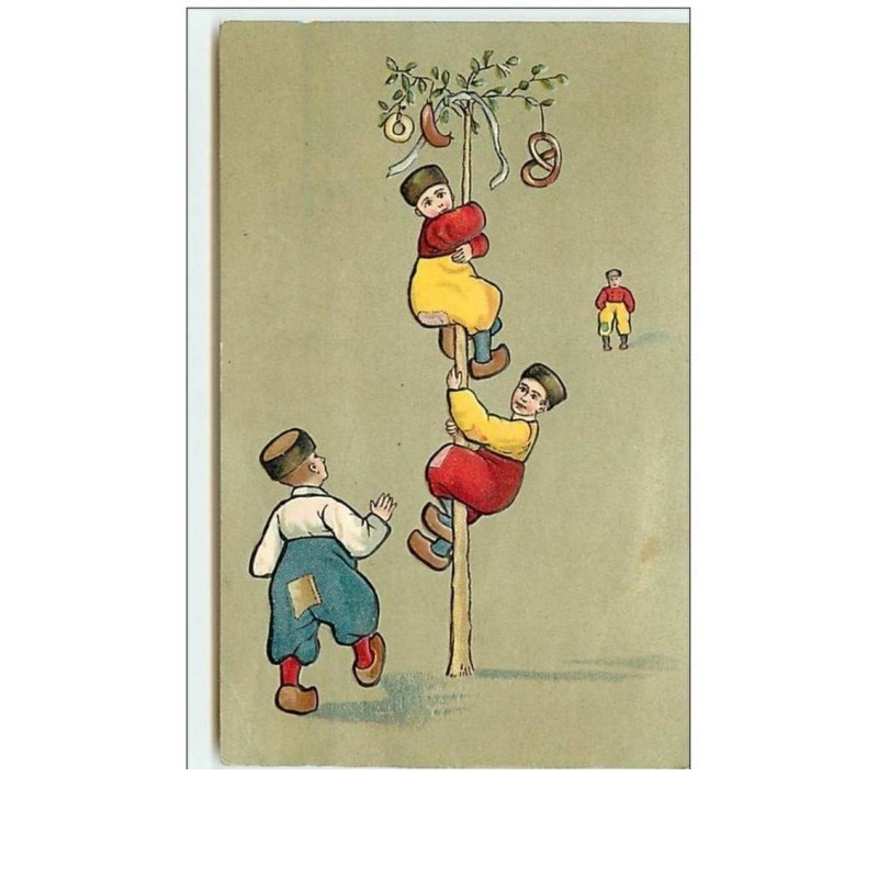 n°8020 - Carte Fantaisie Gaufrée - Enfants grimpant à un mât de Cocagne