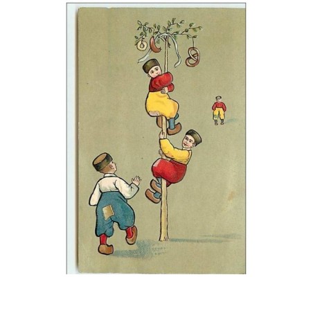 n°8020 - Carte Fantaisie Gaufrée - Enfants grimpant à un mât de Cocagne
