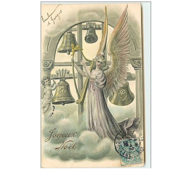 n°8024 - Carte Fantaisie Gaufrée - Joyeux Noêl - Ange avec une Harpe - Cloches