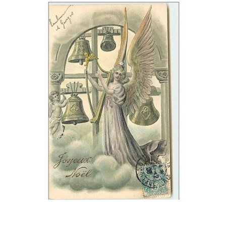 n°8024 - Carte Fantaisie Gaufrée - Joyeux Noêl - Ange avec une Harpe - Cloches