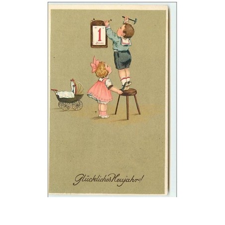 n°8041 - Carte Fantaisie - Gluckliches Neujahr - Enfants accrochant le nouveau calendrier - 1er Janvier