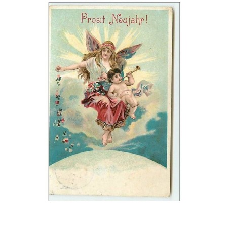 n°8042 - Carte Fantaisie - Prosit Neujahr - Ange et bébé avec une trompette