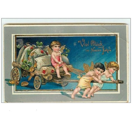 n°8046 - Carte Fantaisie - Viel Gluck im neuen Jahre - Angelots tirant un chariot de Pièces d'Or