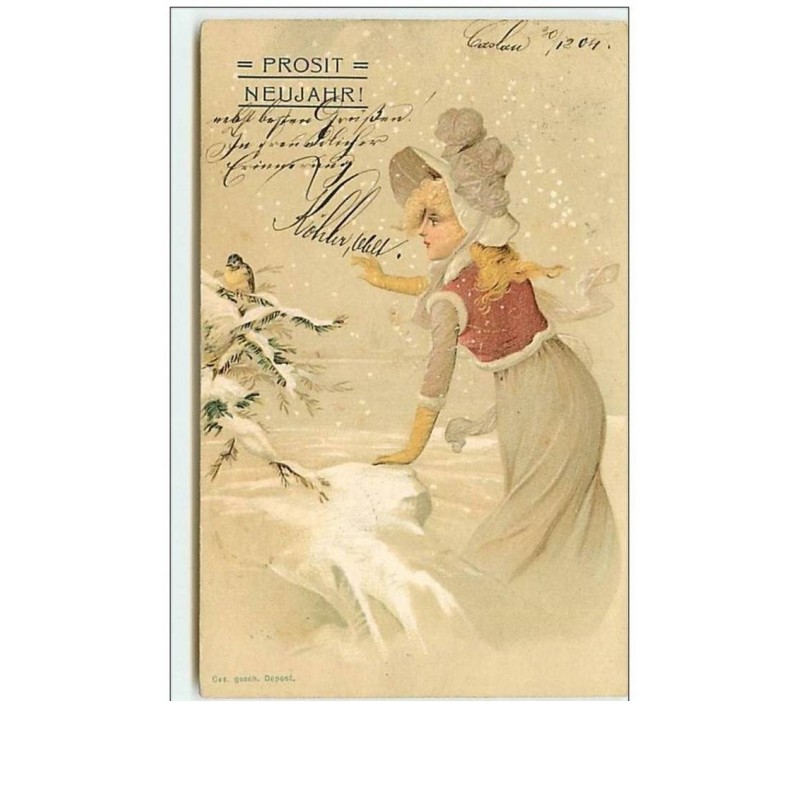 n°8049 - Carte Fantaisie - Prosit Neujahr - Femme blonde dans un Paysage Hivernal